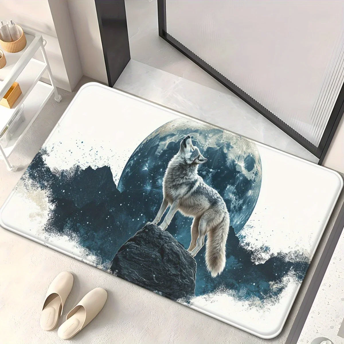1pc Howling Wolf Moon Night Sky Door Mat Wildlife Art Design Silver Gray Animal Theme Rug For Home Office Entryway Decor