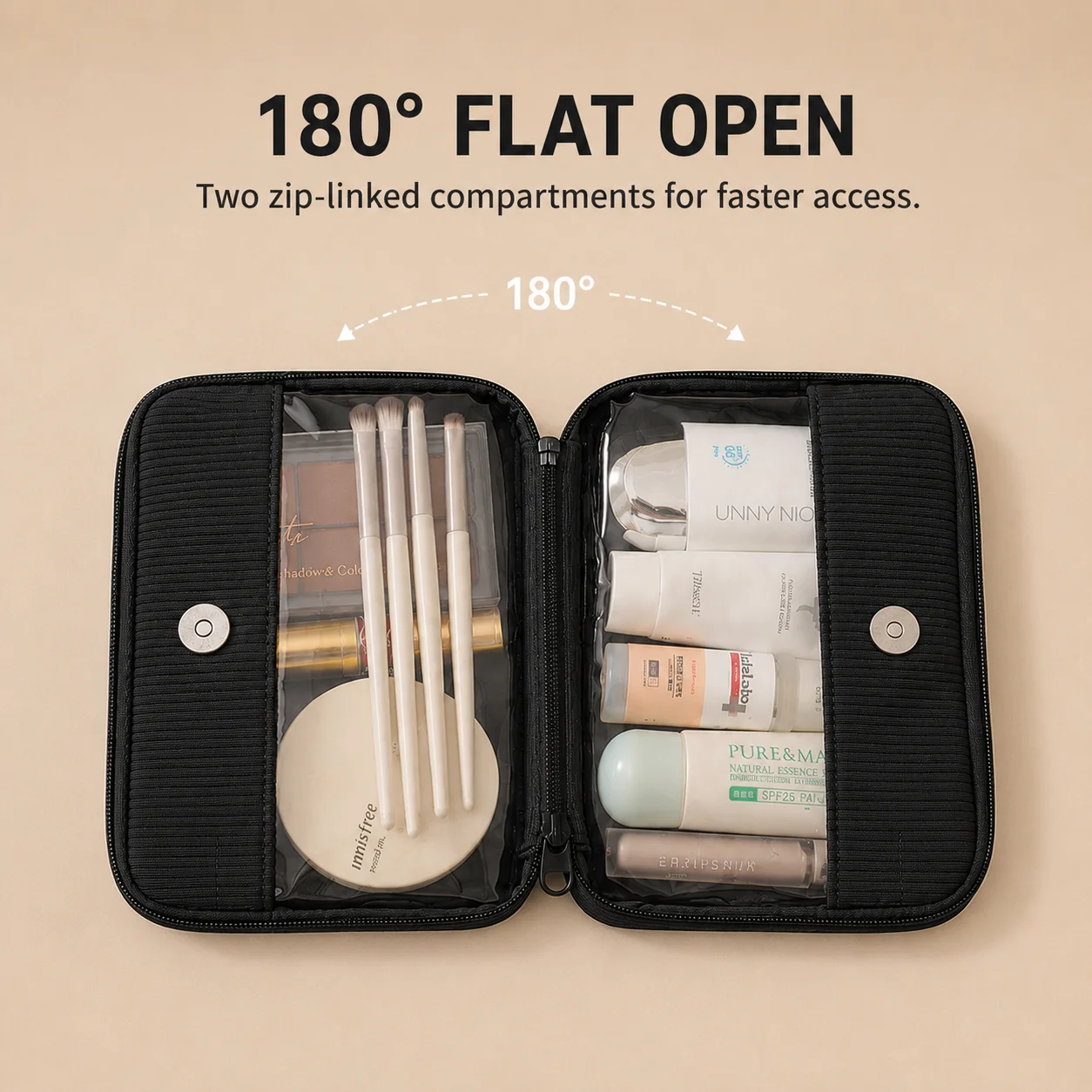 Travel Makeup Bag Clear PVC Cosmetic Organizer Ribbed Polyester Toiletry Pouch Split Compartments Portable Beauty Storage Case