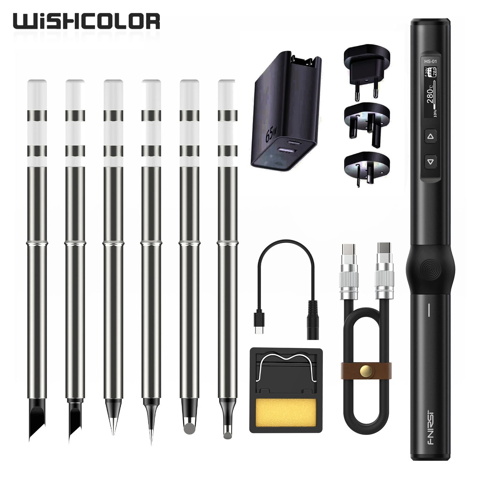 Wishcolor HS-01 Black Advanced Version Smart Soldering Iron with 6 Iron Tips and 65W Power Supply for FNIRSI