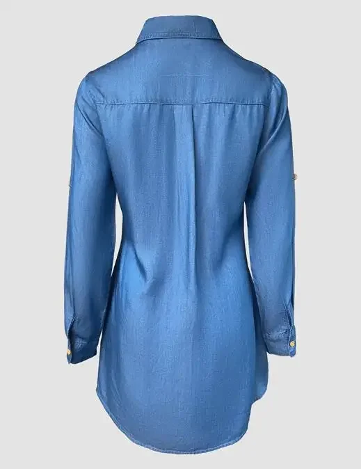 

Women Dresses Turn-Down Collar Turn-Up Sleeves Button Down Denim Shirt Dress Casual Flap Pockets Decor Asymmetrical Hem Dress
