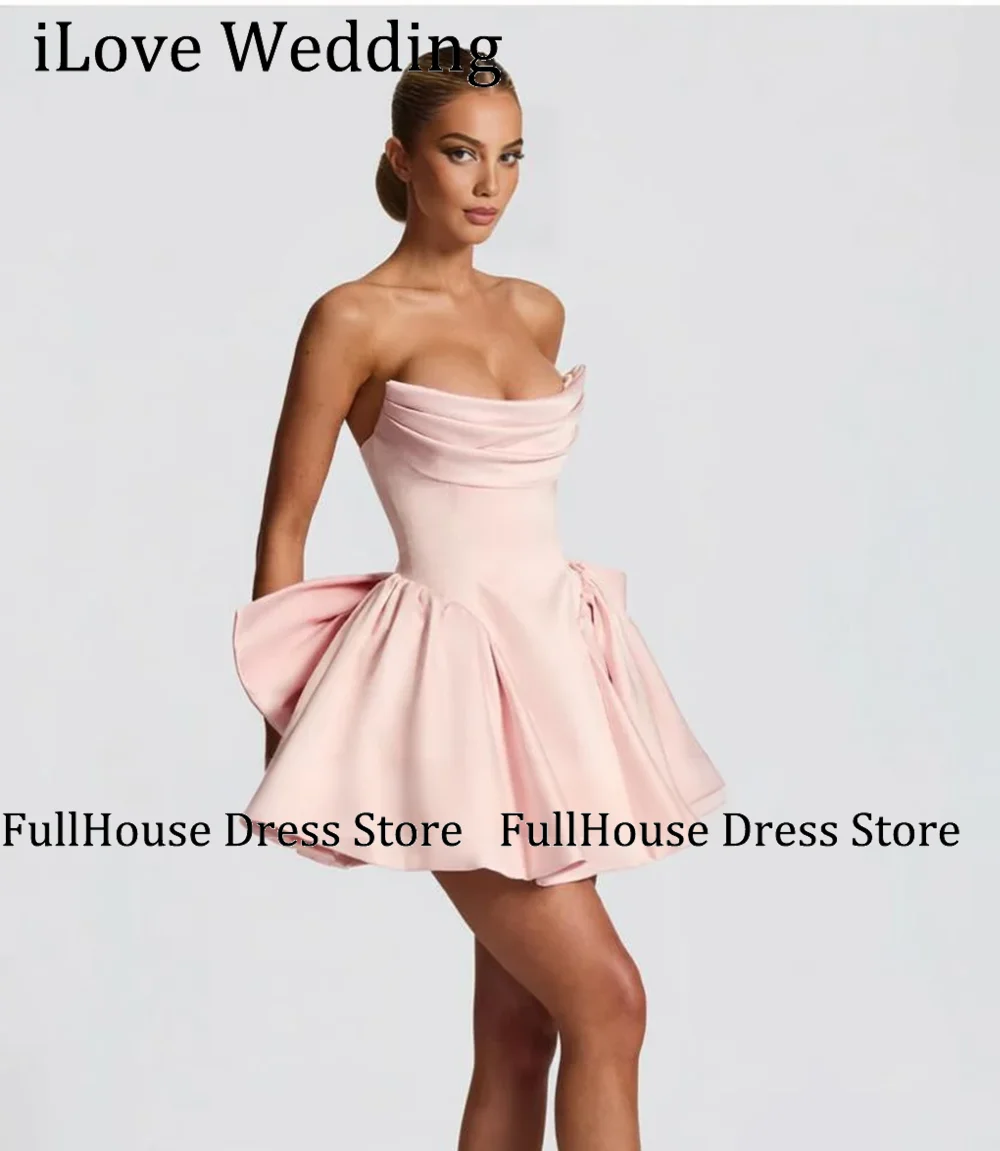 

Customized Pink Strapless Pleated Short Mini Evening Wedding Dress Short Mini Lace up Back Modest Prom Dress robe de soiree