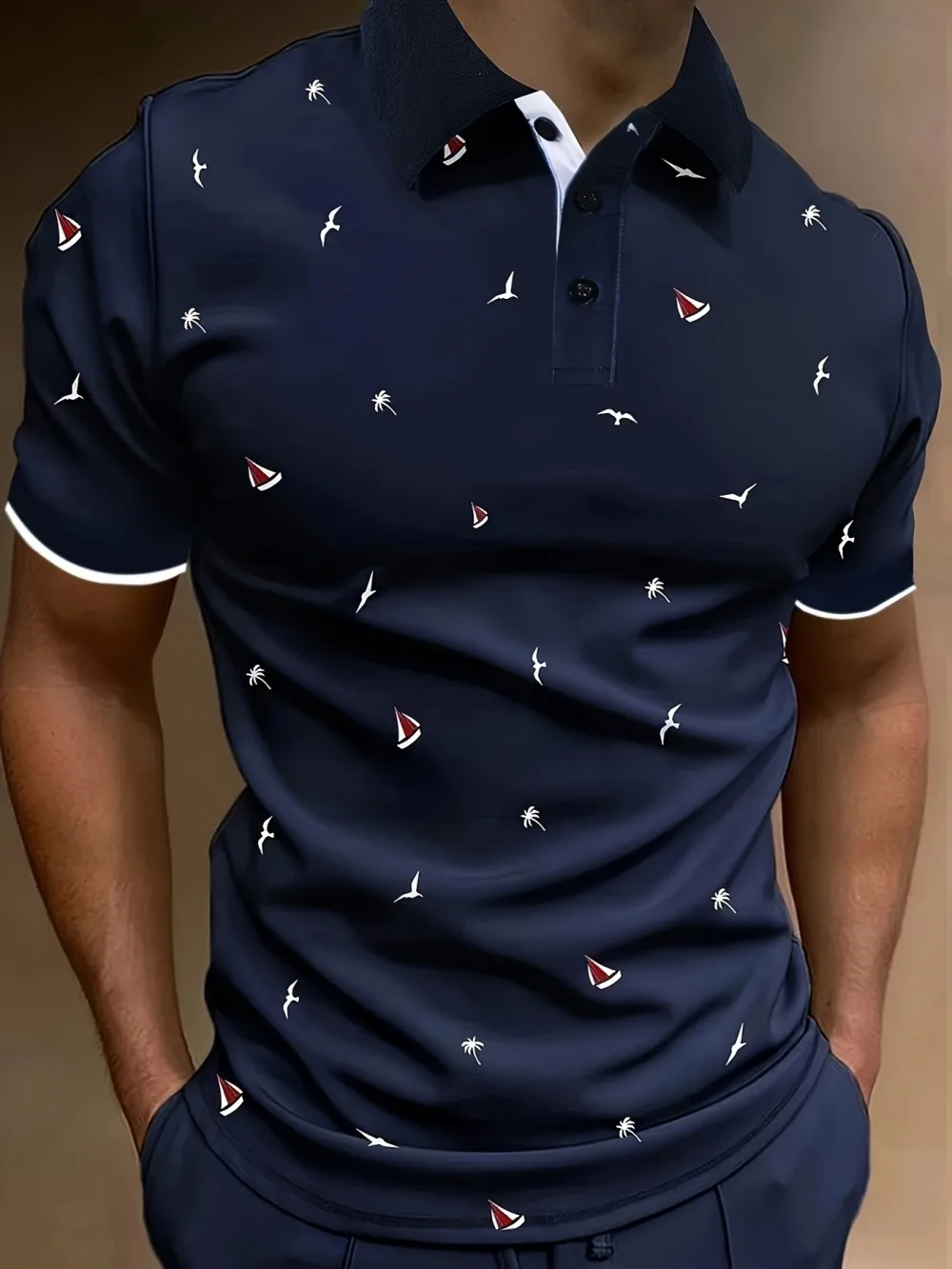 European and American Men's Summer Golf Sailboat Print Micro Elastic Breathable Polo Short Sleeved T-Shirt Outdoor Casual Top