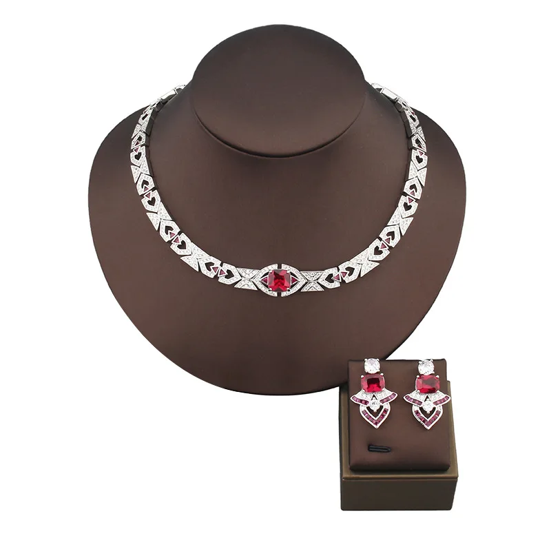 مجموعة مجوهرات مطلية بالزركون المكعب للنساء ، أقراط وقلادة مرصعة بالزركون ، سلسلة قلادة ، ترصيع باللون الأحمر ، لون ذهبي ، أسلوب مجموعة مصمم ، سيدة #3