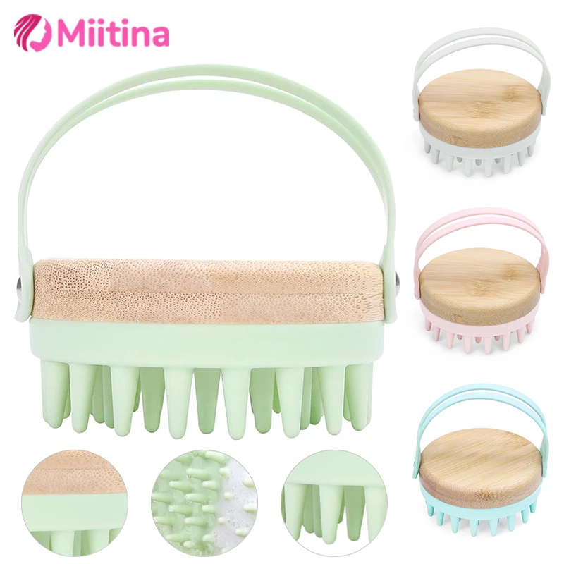 

New 2 IN 1 Scalp Massager Soft Silicone Wooden Shampoo Brush Hair Scrub Brush Comb Hair Cleaning Anti-stress Body Head Massager