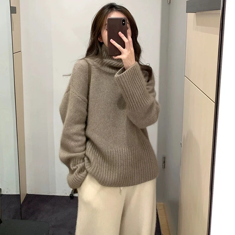 Turtleneck Cashmere Sweater for Women, Monochrome Blouse, Wool Knitted Bottoming, Korean Version, Autumn and Winter, Lazy, Lazy