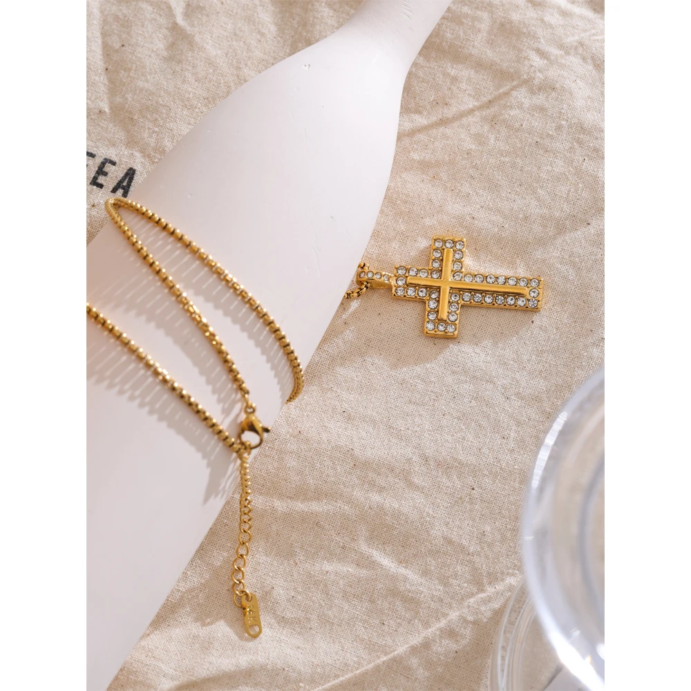 Yhpup 316L Cubic Zirconia Cross Necklace Pendant 18K Gold Color Plated Stainless Steel Fashion Classic Unisex Jewelry Men Women