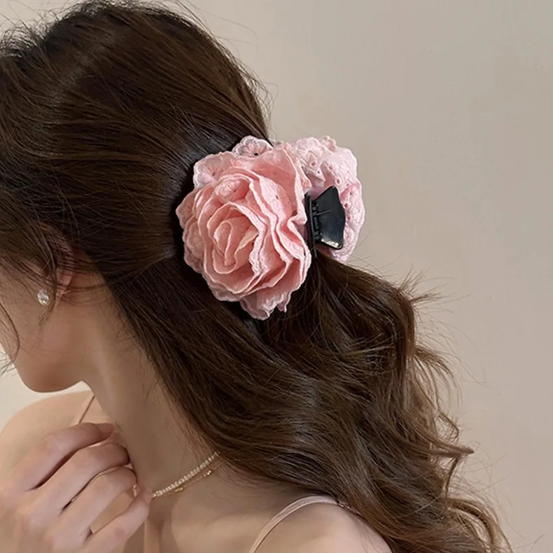 Pince à Cheveux en Dentelle Rose Faite à la Main, Grande Épingle de Couleur Douce Coréenne, Accessoires de Coiffure, Printemps et Été 2024