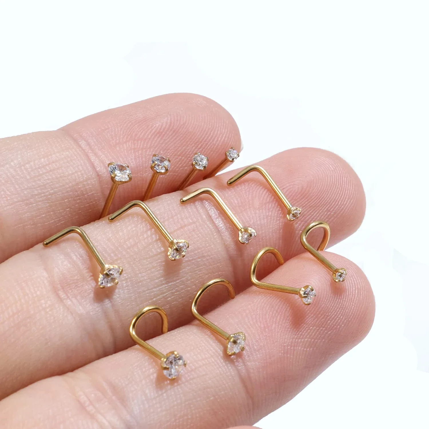 CZ Gem Stainless Steel Nose Piercing Studs, 5Pcs Set
