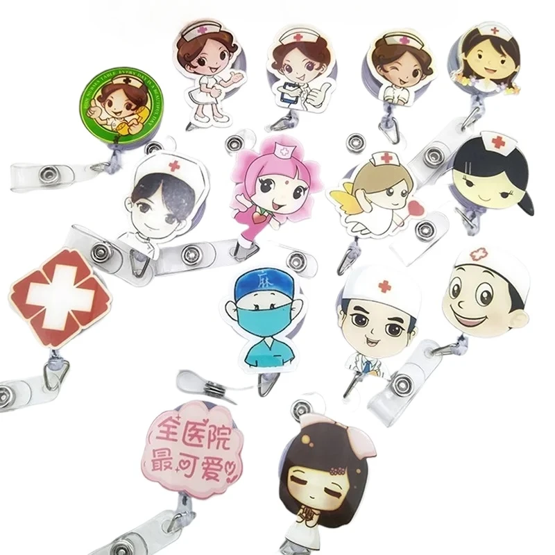 Nurse Retractable Badge Reel Cartoon Working Permit Clip Keychain for Girls Nurses Badge Reels ID Tag Pass Work Card Clips