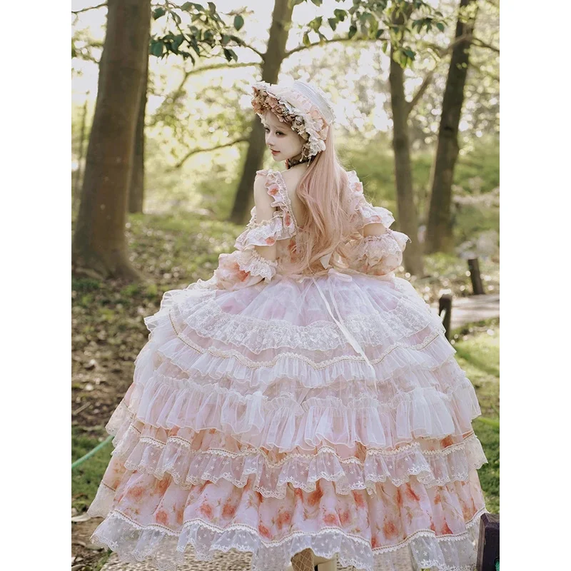 DY20 페어리 스타일 정교한 레이스 플라워 오프숄더 슬림 드레스 여성용 빅토리아풍 로리타 드레스 스위트 볼 가운 할로윈 D