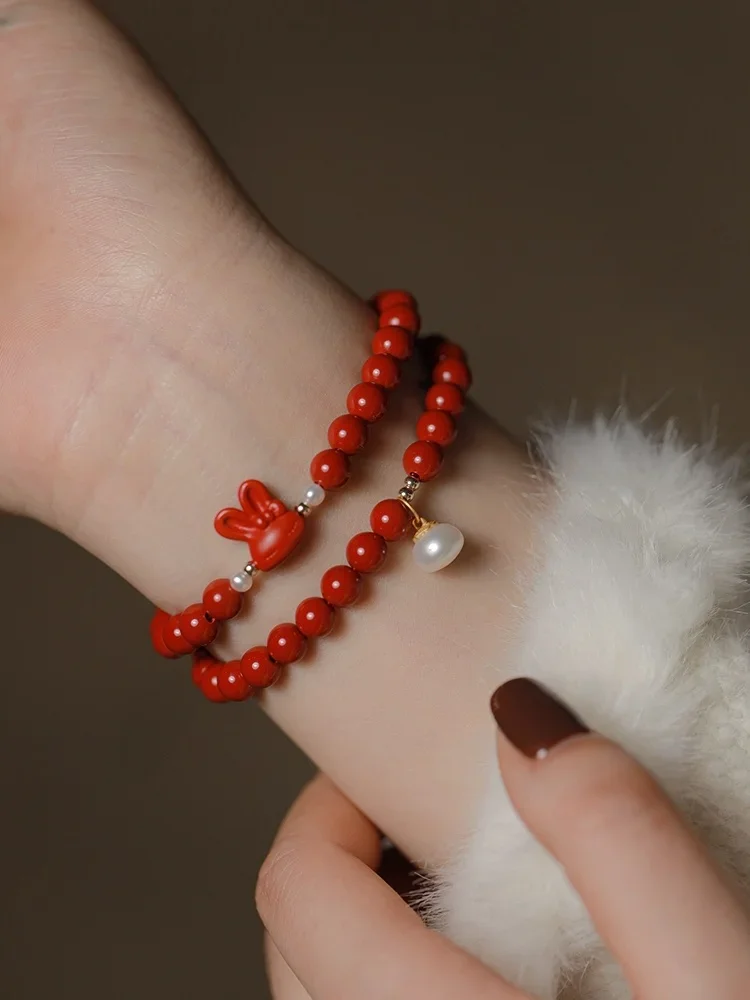 

Natural Raw Ore High Content Cinnabar Red Sand Bracelet Native Year Zodiac Rabbit Multi Circle Bracelet