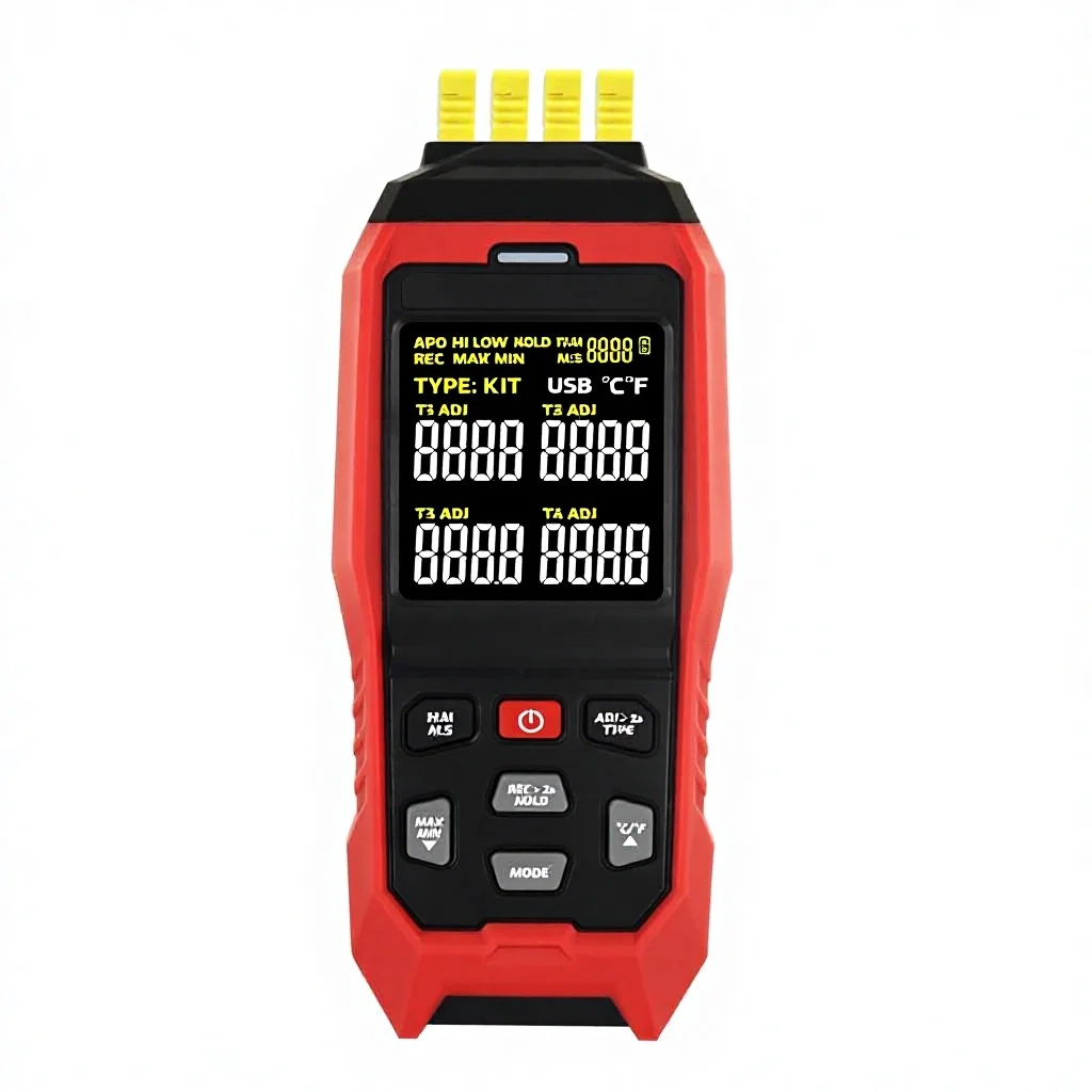 

Thermocouple Thermometer 4-Channel K/J/T Types 5000 Groups Data Logging USB Export -328~2501F Range HVAC Alarm ADJ