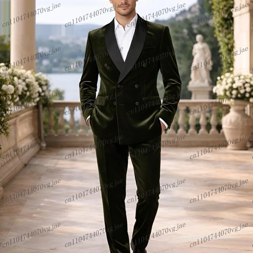 

Army Green Velvet Men Suit Formal Occasion Wedding Party Groom Groomsman Business Prom Male Tuxedos 2 Piece Set Jacket Pants