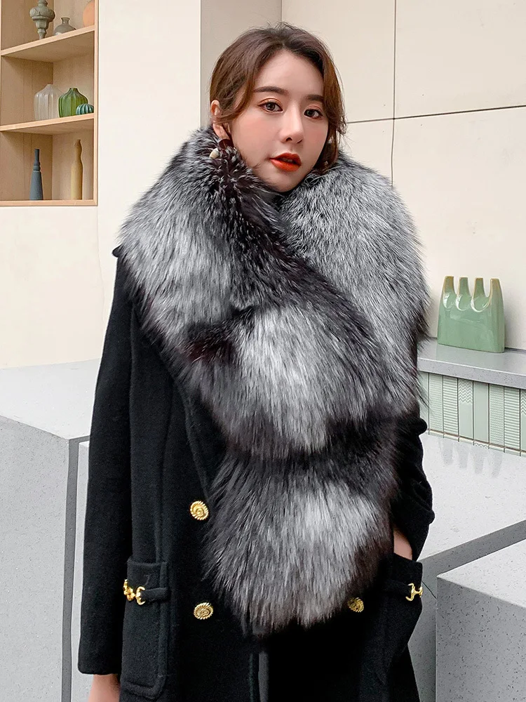 Elegant Silver Fox Large Fur Shawl For Women Winter Warm Real Fox Fur Scarf Luxury Fashion Show Banquet Capes Neck Wamer Scarves