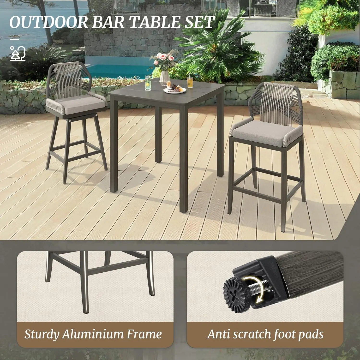 طاولة بار خارجية مربعة مقاس 32 بوصة، مقاومة للماء والطقس، رمادي - فناء، شرفة، للاستخدام الداخلي/الخارجي #5