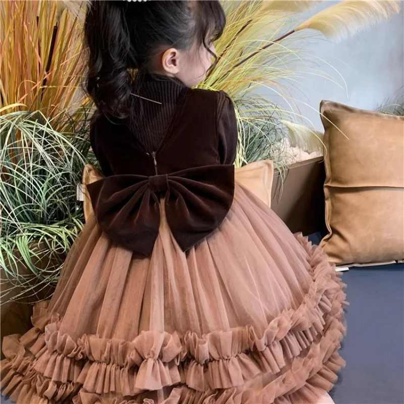 Girls Spring Autumn Dress 2023 Fashion Princess Sequins Brown Vest Dress  Children Tulle Fluffy Sweater Dresses Kids Clothes - AliExpress 1501