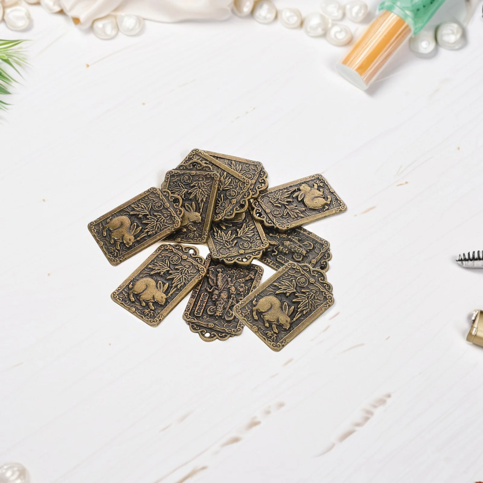 10 Pcs Brass Tag Vintage Animal Decor Chinese Zodiac Amulet Charm Pendant Exquisite Retro Style Keychain Bag Phone Accessory