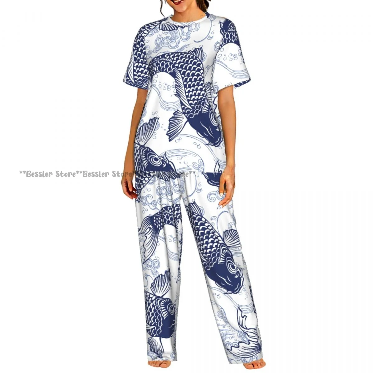 

Женский повседневный пижамный комплект с короткими рукавами и брюками, синего цвета, с узором в виде рыбок, карпов и волн.