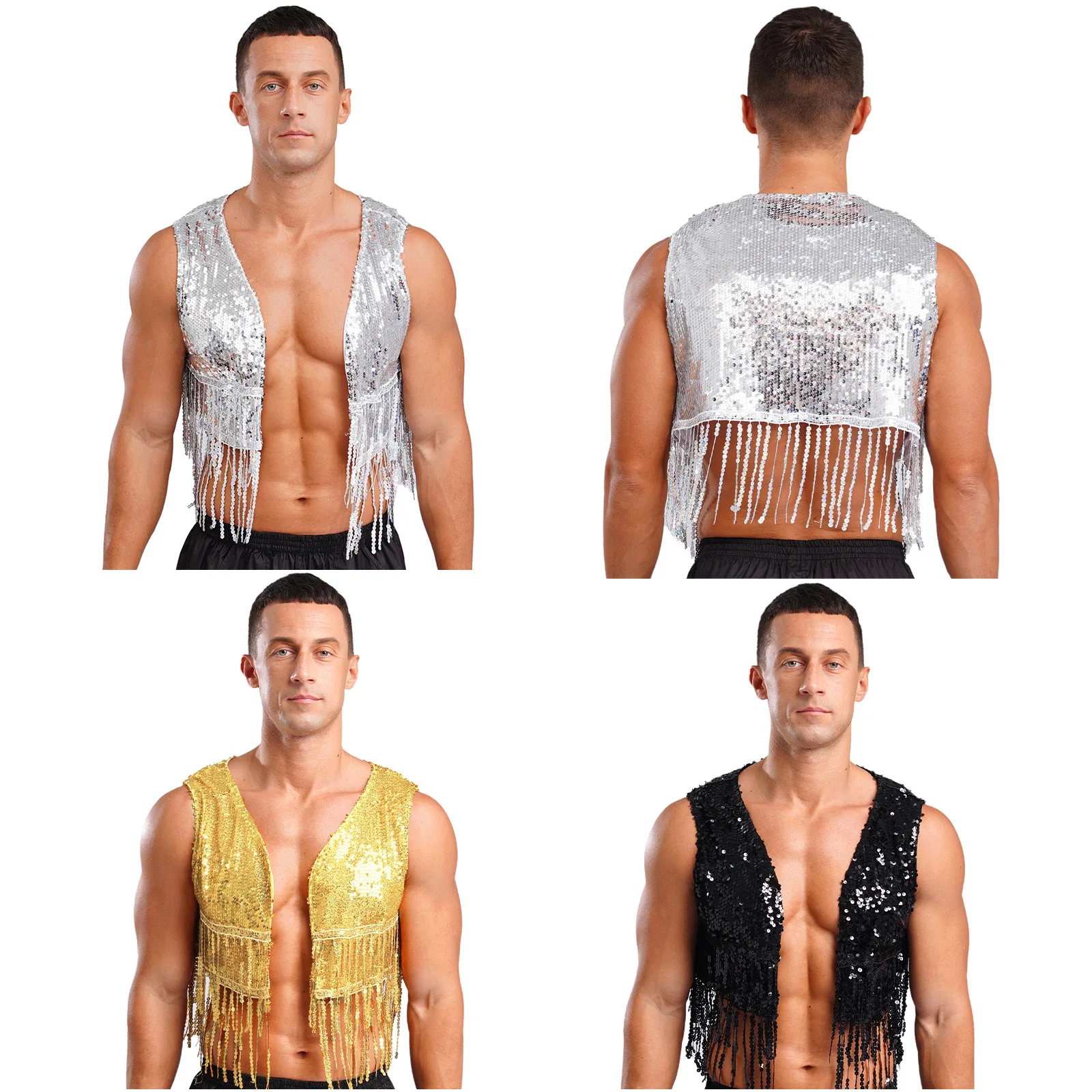 Mens คาวบอย Western เครื่องแต่งกายเงา Vintage 70s Disco เครื่องแต่งกาย Fringe เลื่อมเสื้อกั๊กแขนกุดเปิดด้านหน้า Cropped Vest เสื้อสเวตเตอร์ถัก