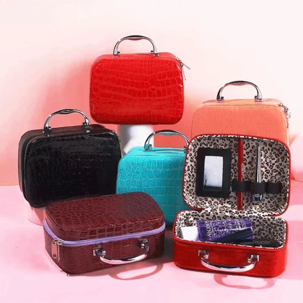 Stone Patterned Cosmetic Case With Mirror Large Capacity Multi-Functional Square Makeup Pouch Storage Box Wash Bag Ladies