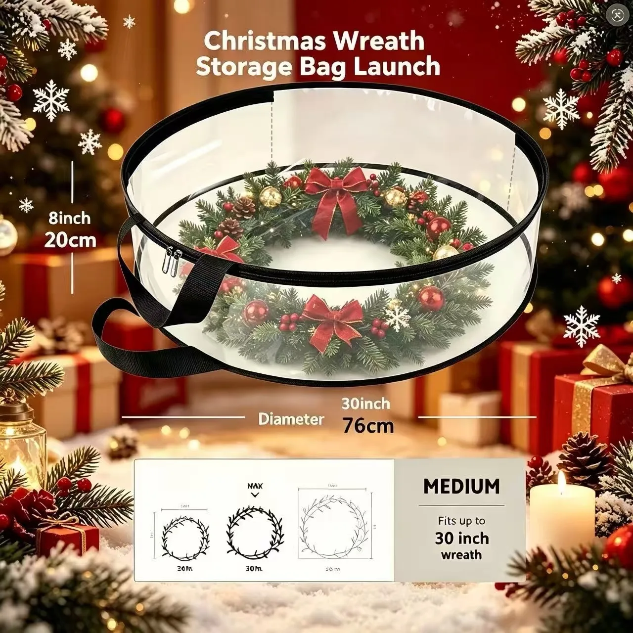 Transparent Christmas Wreath Storage Bag,Large Capacity Dust-proof and Moisture-proof Holiday Wreath Storage Bag,with PVC Handle view 6