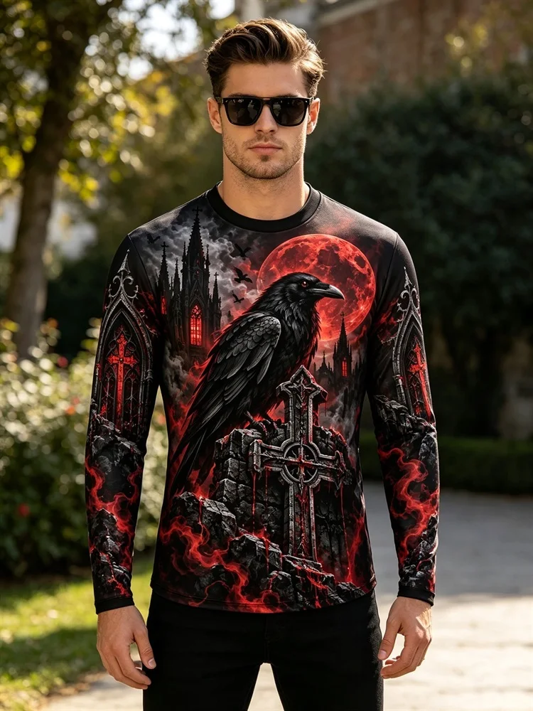 Men's Skull Skeleton Long Sleeve T-Shirt Blood Red Black Splatter Graphic Tee Gothic Dark Horror Pullover Tops Gift New 2026