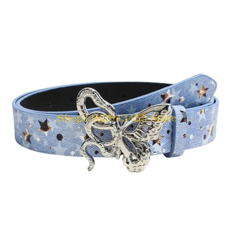 49MC Lightweight Fashion Belt with Jean-Look Star Pattern, PU Leather Waist Cincher, Metal Hardware and Adjustment Points for