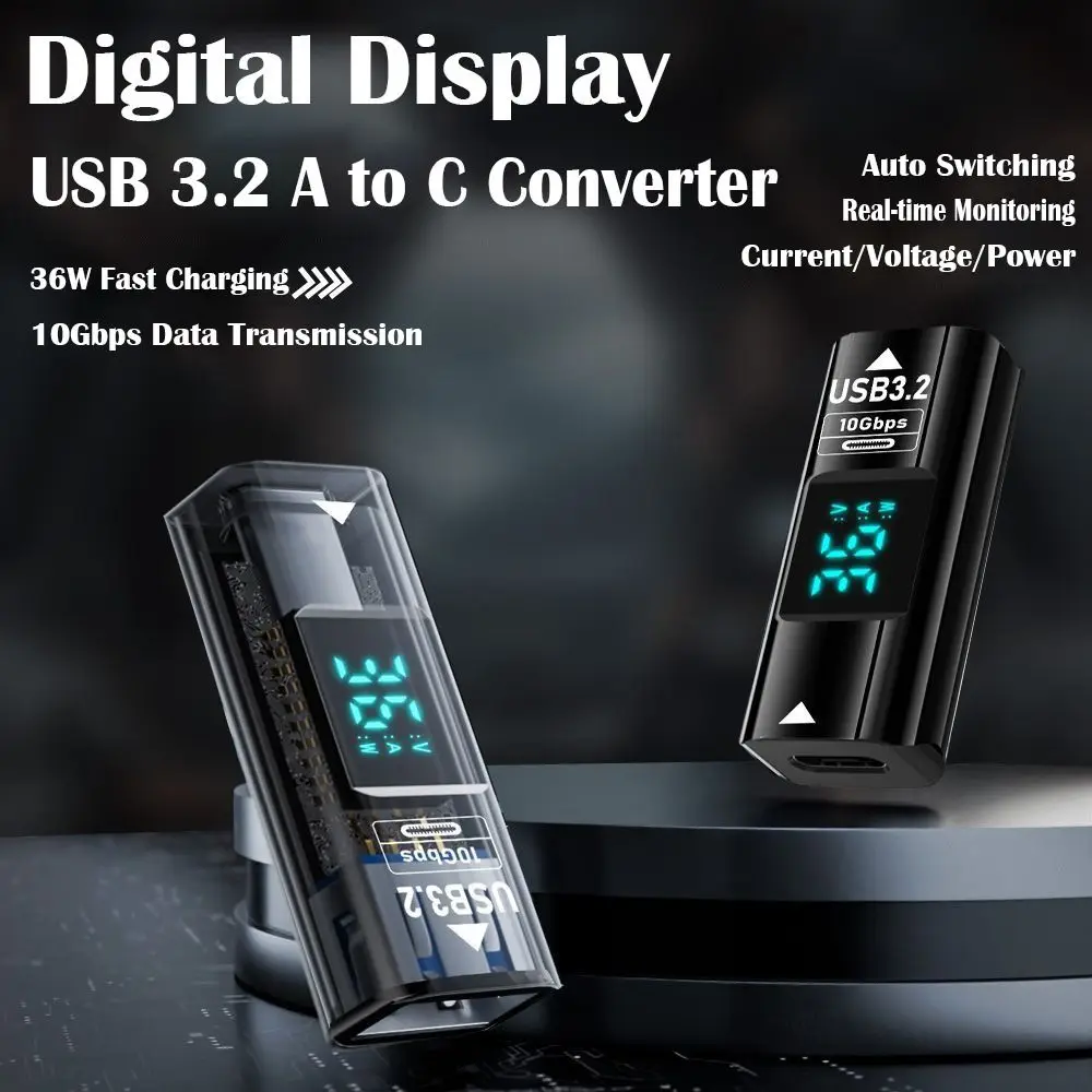 1PC Digital Display Type-C to USB 3.2 Converter 10Gbps Data Transmission Power Meter Tester Smart Chip 36W OTG Adapter