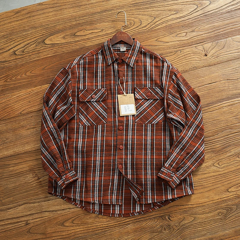 Trendy plaid shirt Men's Fall/winter weighty OZ vintage all-cotton thickened ground flannel long-sleeved cargo shirt