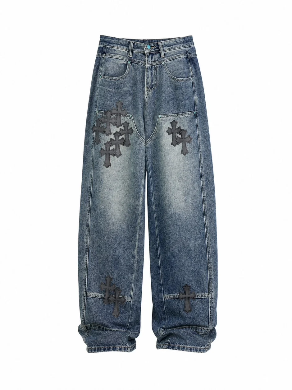 American High Street Washed Cross Stitched Loose Straight Leg Jeans Men's Stylish Trendy Brand Unisex Cotton Geometric Pattern