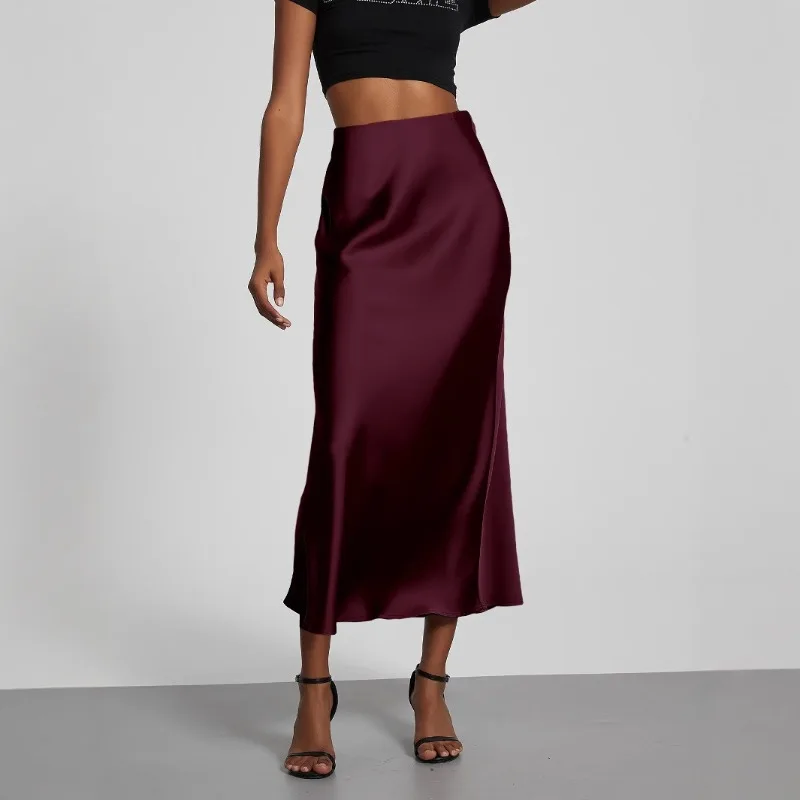 The Cross-border Women's Clothing Features An Elegant Textured Satin Skirt with A Slimming Smooth Midlength Simple and Stylish