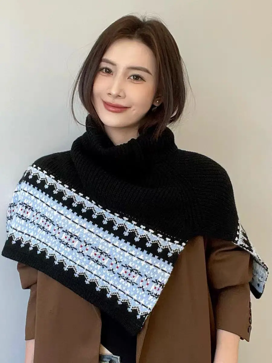 French-style Poncho high-neck knitted shawl scarf women winter thickened retro outerwear accessory warmth Cape P1