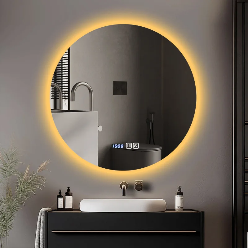 Diameter 50CM Round Smart Bathroom Mirror Washstand Round Mirror Led Light Back Luminous Connection Power Supply High Definition