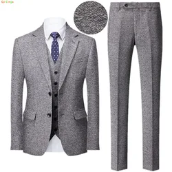 Winter Men's Suit Three-Piece Set, Wedding Party Dress Jacket and Vest with Trousers, Asian Size M-5XL, Herringbone Fabric