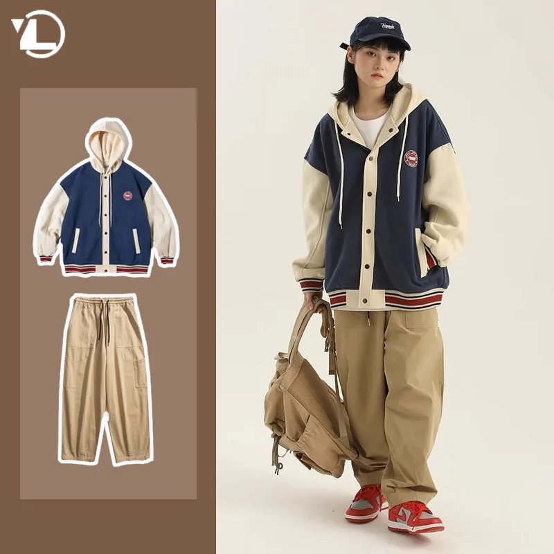 

Autumn Winter College Casual Men Set Print Hooded Baseball Jacket+Retro Trend Cargo Pants Two Piece Unisex Suits Streetwear 2023