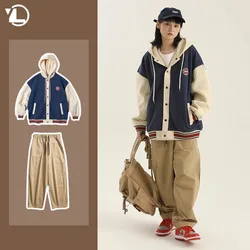 Conjunto de chaqueta de béisbol con capucha y pantalones Cargo para hombre, traje de dos piezas con estampado Retro, ropa de calle informal para Universidad, otoño e invierno, 2023