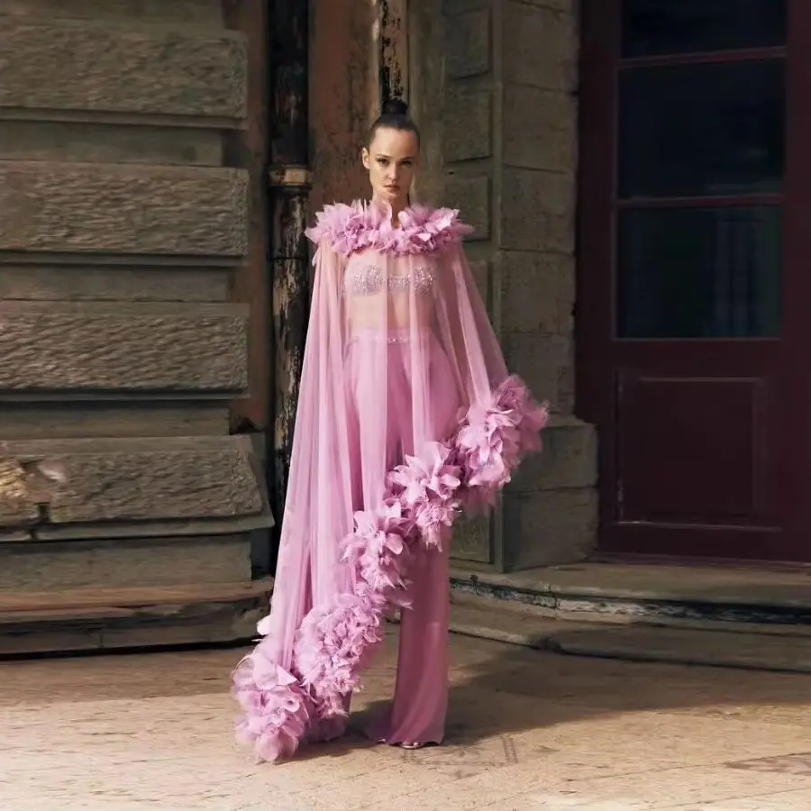 الوردي السراويل الطويلة فساتين عباءة كيب فستان الحفلات abiye gece elbises فساتين حفلات الأزهار حافة تول فستان حفلات إلى رداء دي سواريه