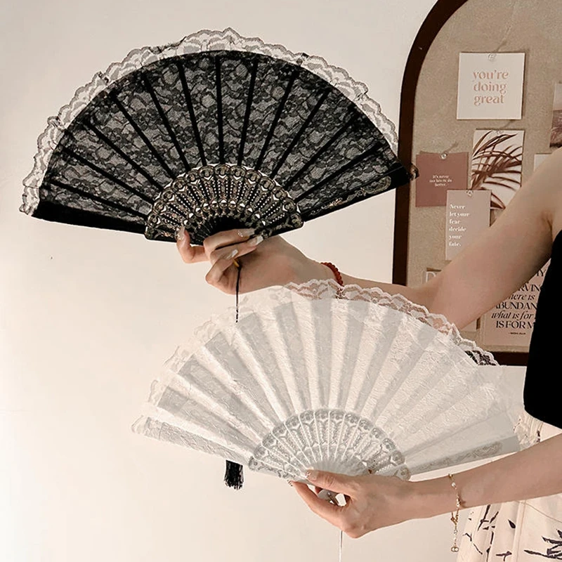 Vintage European Lace Fan Elegant Orchid Hand Fan for Women Summer Dance Performance Photo Prop Foldable Floral Decorative Fan​