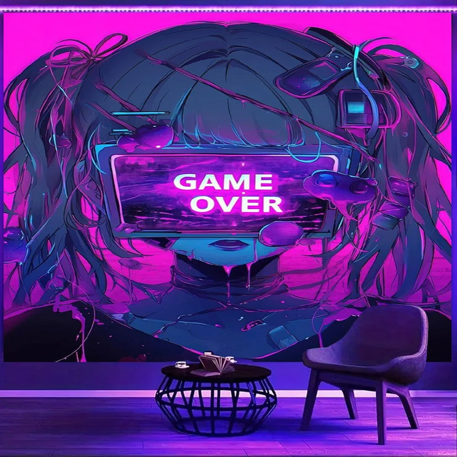 1PC Cyberpunk Anime Girl Art Print Backdrop Banner, Bedroom Living Room Photo Background, Polyester, Home Decor, Wall Art