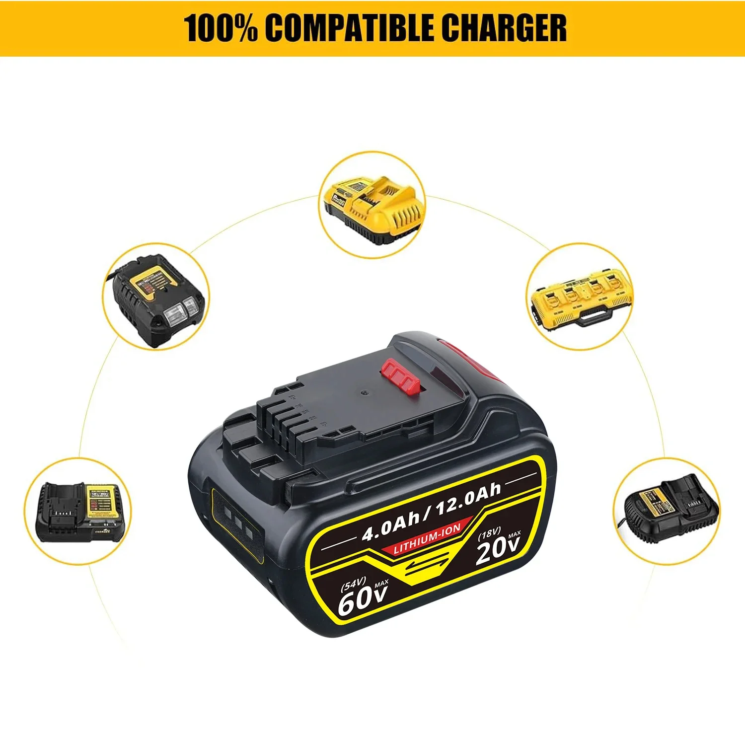 1/2/4Pcs 4.0Ah-12.0Ah DCB606 Replace for Dewalt 20v/60v Flex-Volt Li-on Battery Pin DCB609 DCB612 Compatible with Power Tools