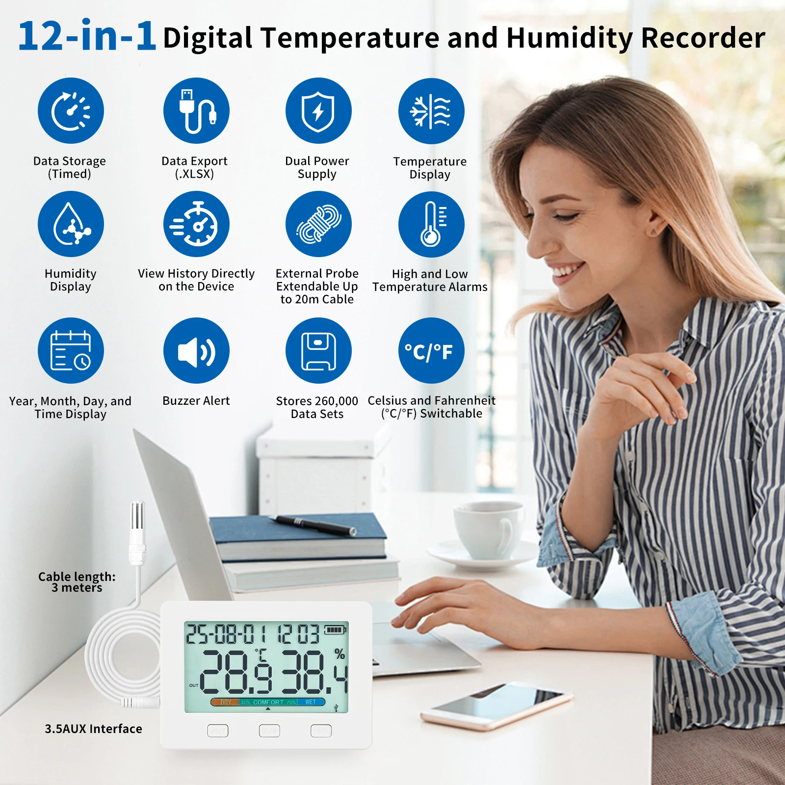 Registrador de temperatura y humedad USB TW21, dos sensores, descarga de datos, procesamiento de datos de alarma de alta y baja temperatura