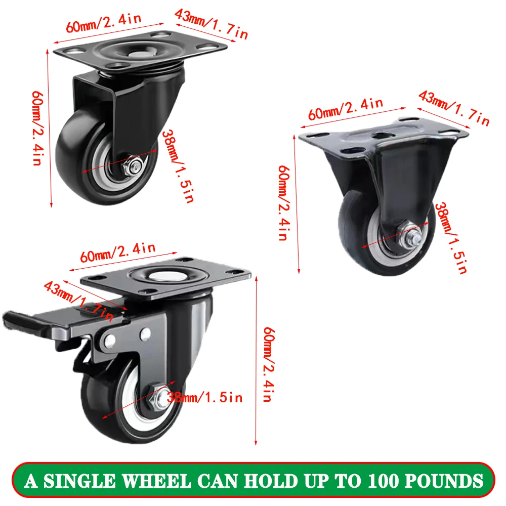 1.5-inch casters, a set of 4 black industrial heavy-duty casters with brakes, locking casters for furniture and work carts