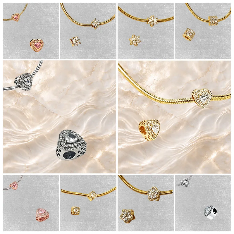 Original Charm Beads,Sparkling Leveled Hearts Charm&Sparkling Entwined Hearts Charm Bead Fit Pendant Bracelet Women Jewelry Gift