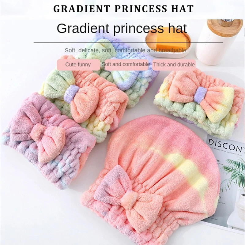 2PCS Microfiber Rainbow Bow Shower Female Quick Hair Towel Shower Head Wrap Cute Princess Soft Hair