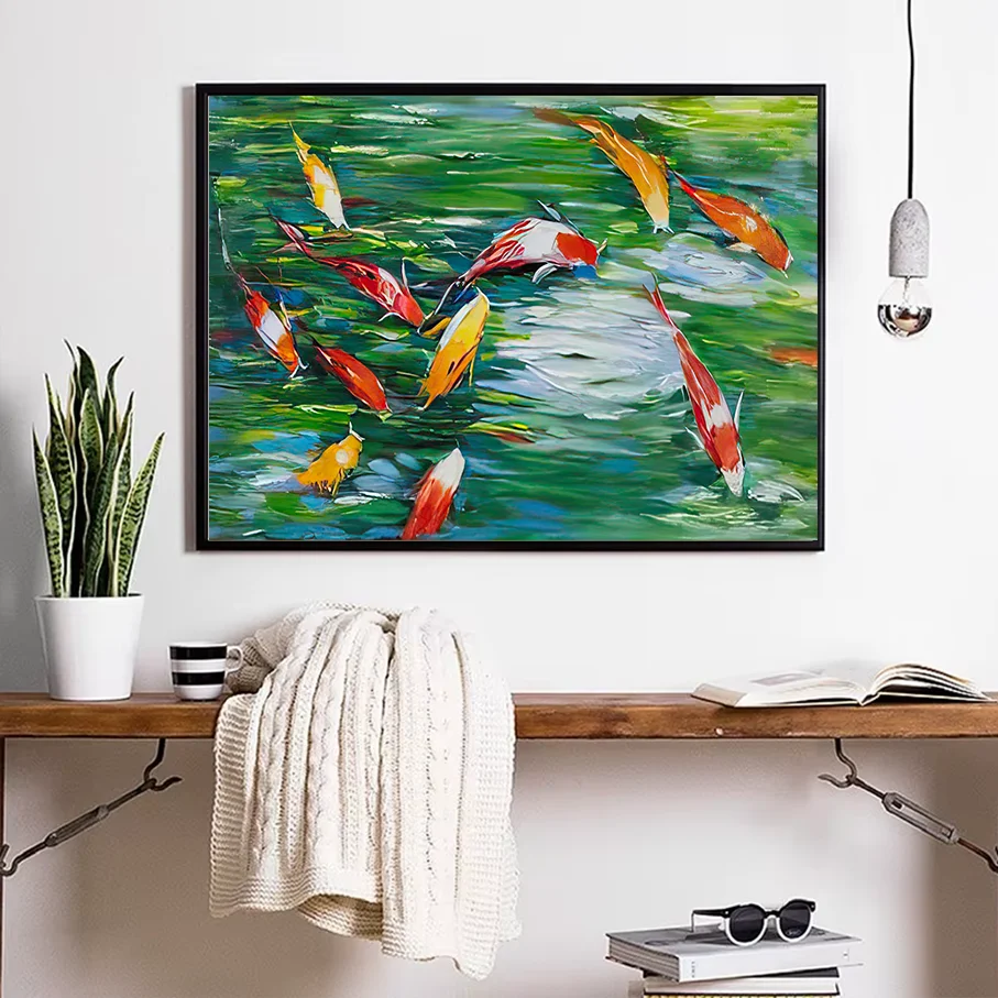 Nine Koi Fish Canvas Painting Black Frame Wall Art Home Decor Living Room Oil Style Abstract Green Water Print