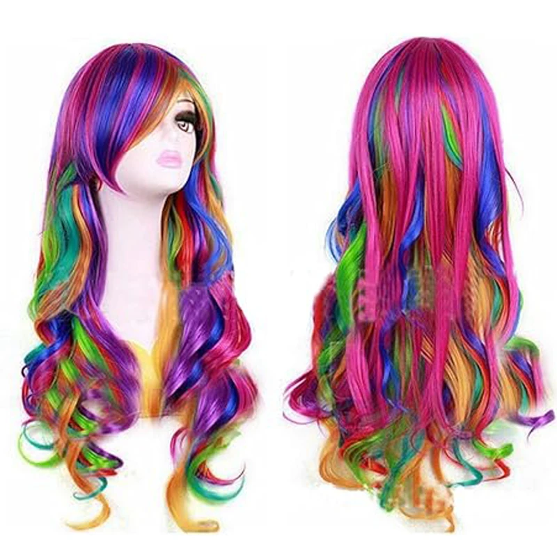 Long Wavy Rainbow Color Cosplay Party Costume Hair Wigs