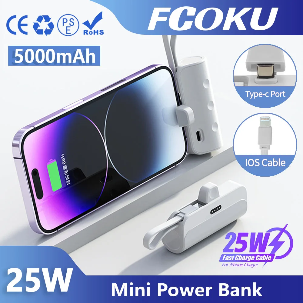 

25W Fast Charging Mini Power Bank Built in Cable 5000mAh PowerBank Emergency External Battery Charger For IPhone Samsung Xiaomi