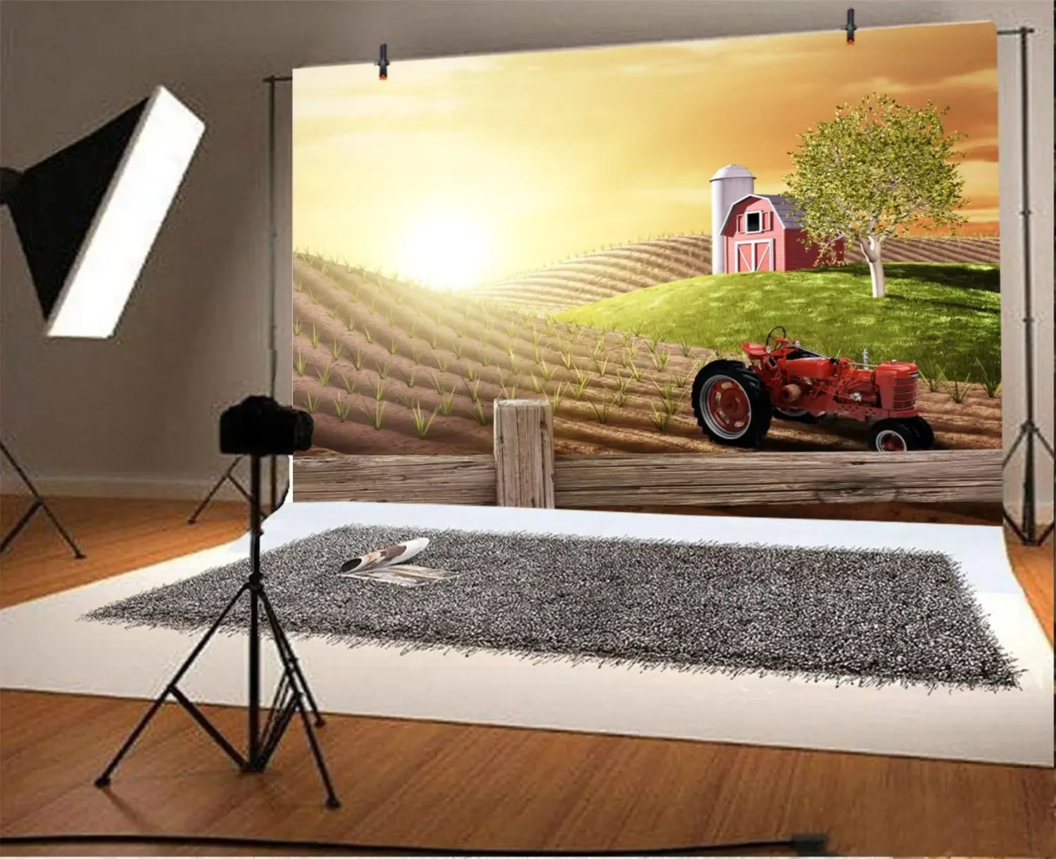 Morning Busy Farm Fresh Sunrise Country Hills Agriculture Farmland Tractor party photo background photography backdrop studio
