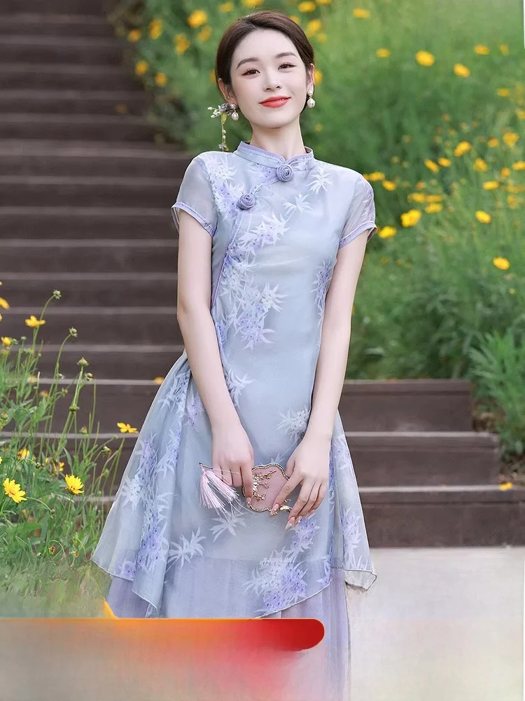 

Ретро-юбка миди с принтом, женская, улучшенный дизайн в стиле ципао, с завышенной талией, цветочный узор, весна-лето, новинка