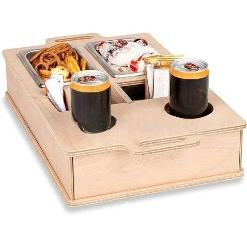 

Sofa car snacks and drinks are placed in wooden boxes, wooden storage